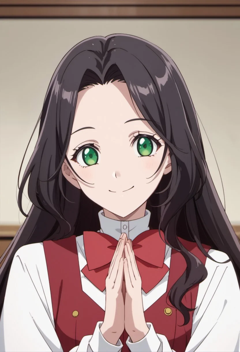 score_9, score_8_up, score_7_up, source_anime, liz cather, long hair, black hair, green eyes, 1girl, solo, smile, red bow, bow, looking at viewer, own hands together, bowtie, red bowtie, upper body, school uniform, white shirt