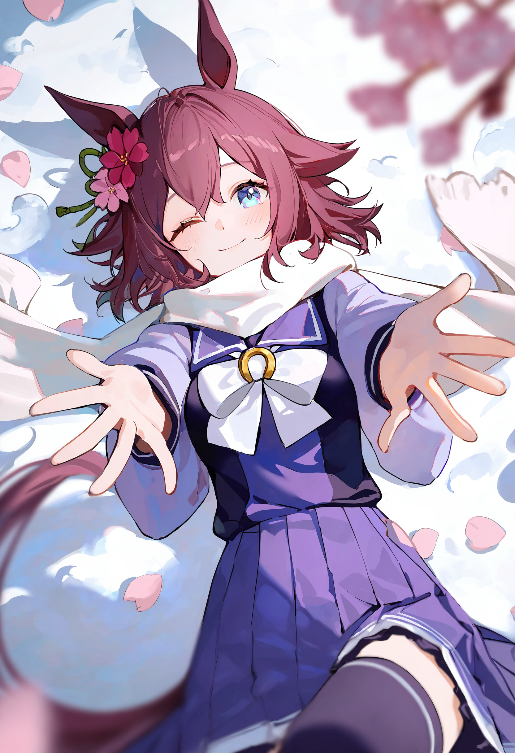 1girl, sakura chiyono o (umamusume), animal ears, horse ears, horse girl, hair ornament, solo, tracen school uniform, school uniform, one eye closed, blush, hair between eyes, looking at viewer, medium hair, cherry blossoms, hair flaps, thighhighs, pink hair, scarf, reaching towards viewer, blue eyes, reaching, flower, horse tail, snow, hair flower, tail, blurry, smile, on back, petals, lying, medium breasts, breasts, winter uniform
(tianliang duohe fangdongye:0.6),(wlop:0.3),(ciloranko:0.4),(kani biimu:0.3),(ningen mame:0.6),
masterpiece,best quality,year 20234,newest,highres,absurdres,