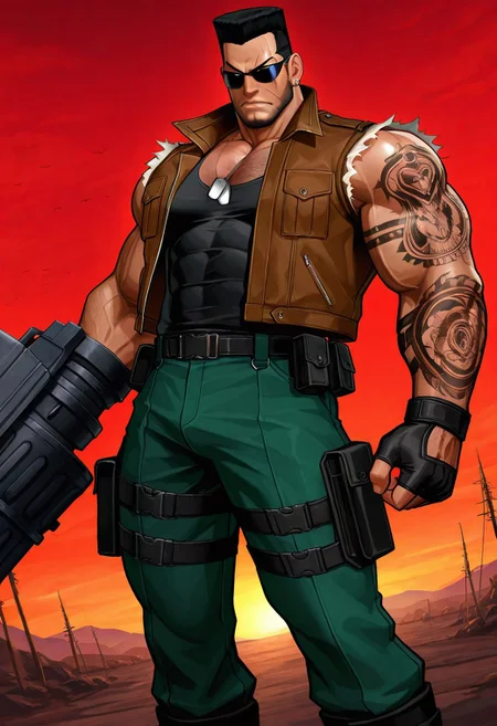highly detailed, fine skin detail, absurdres, highly-detailed, best quality, masterpiece, very aesthetic, dutch angle, extreme theme, descension, splitting sky, red sky, eye sky, realisme
Barret, dark skinned, full body, green pants, cropped legs, earrings, male focus, black tanktop, brown jacket, breast pocket, collared jacket, sleeveless jacket, torn sleeves, arm tattoo, facial hair, flattop hair, short hair, strong jaw, black hair, belt, facial scar, scar on face, scar on cheek, dog tags, gun cannon, boots, leather, muscular, muscular male, pecs, abs, muscular arms, large build, huge muscles, manly, mature, bara, beard, pectorals, prothesis, strongman waist, broad shoulders, hairy chest, missing right arm, slightly chubby, sunglasses, fingerless glove, stubble, frown, multiple belts, thigh belt, pouch, tight pouch