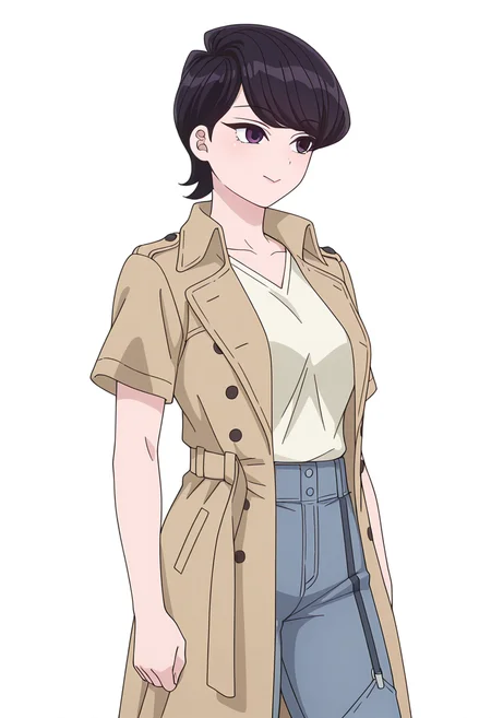 Smooth Quality,masterpiece,very intricate, high quality details, ultra realistic, high detailed skin,detailed enviorement,
simple background, white background,front view,:>,
 garter straps, ,trench coat, ,bolero,  , <lora:Komi_Shuuko_cnn:0.8> komishuukocnn, 1girl,black hair, short hair, bangs, purple eyes,mature female,shirt, jeans, short sleeves,