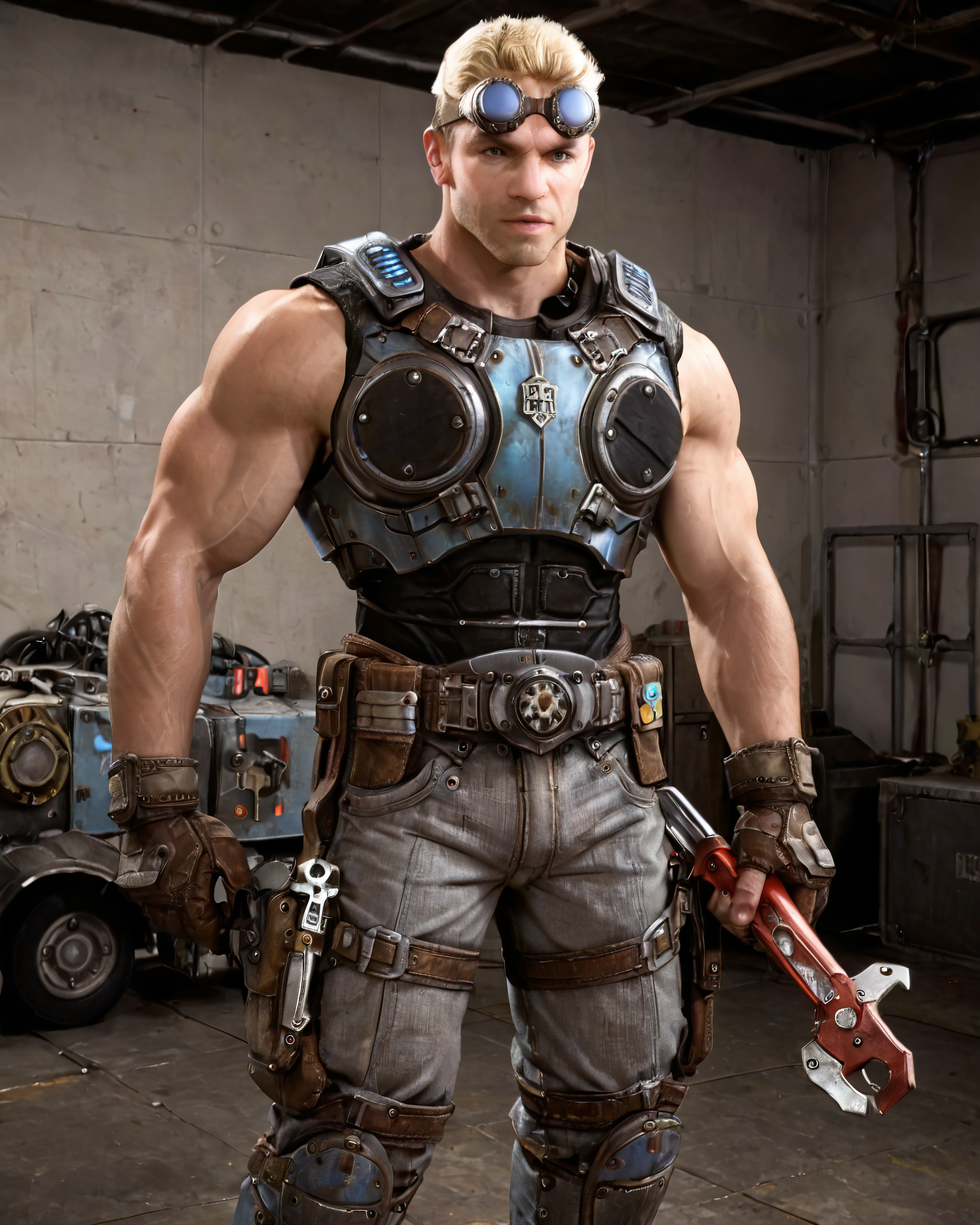 <lora:Damon_Baird_PonyXL:0.9> 1person, cowboy shot, damon_baird, goggles, blonde hair, armor, (muscular:1.4), machinery room, machine, holding wrench, wrench, long pants, gloves, standing