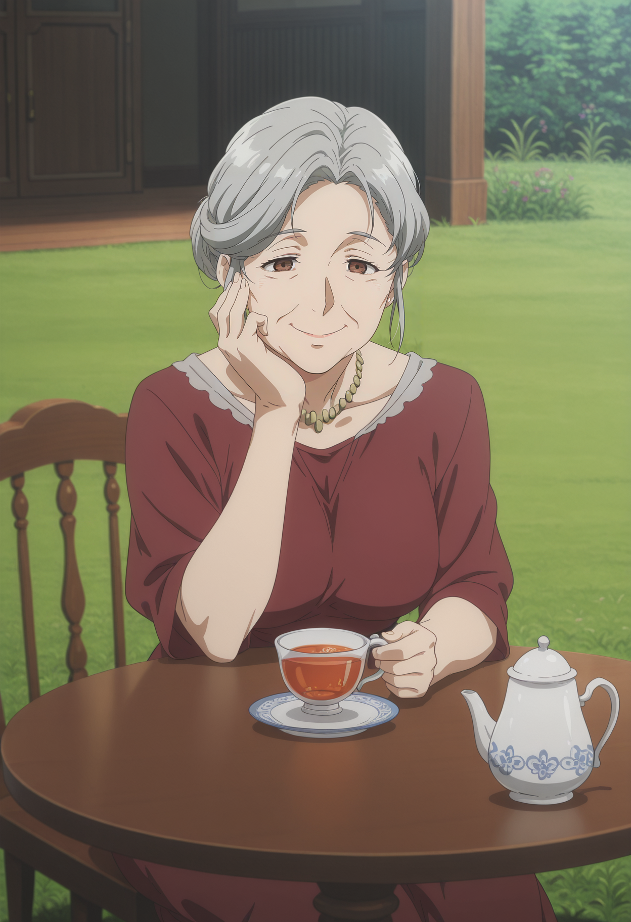 1girl,solo,mm,mature female,old woman,grey hair,brown eyes,hair bun,anime coloring,
red dress,tea set, table,grass,sitting,holding cup, smile,hand on own face
,masterpiece,best quality,amazing quality,<lora:Tiffany_Evergarden-Violet_Evergarden_IL:0.7>