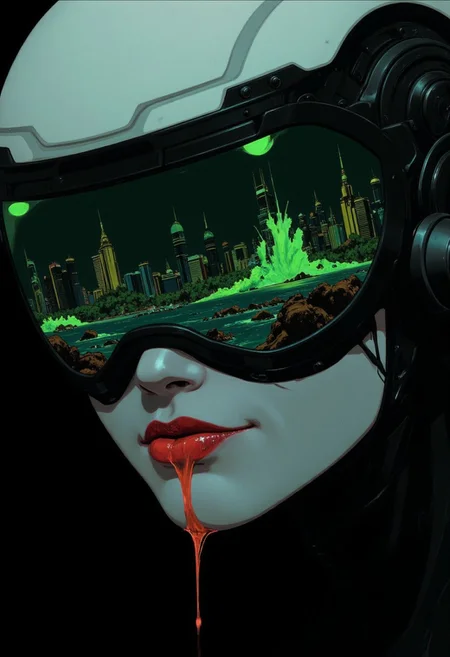 Her full, parted lips reveal a set of sharpened, pearly teeth as she smiles seductively, a thin trail of glowing liquid trailing down her chin. A pearl-white, cybernetic visor rests on her forehead, its lens pulsing softly with deep green light. Reflected in the glowing pools of her eyes is a sprawling oceanic cityscape, its skyscrapers made of bioengineered coral and translucent glass.