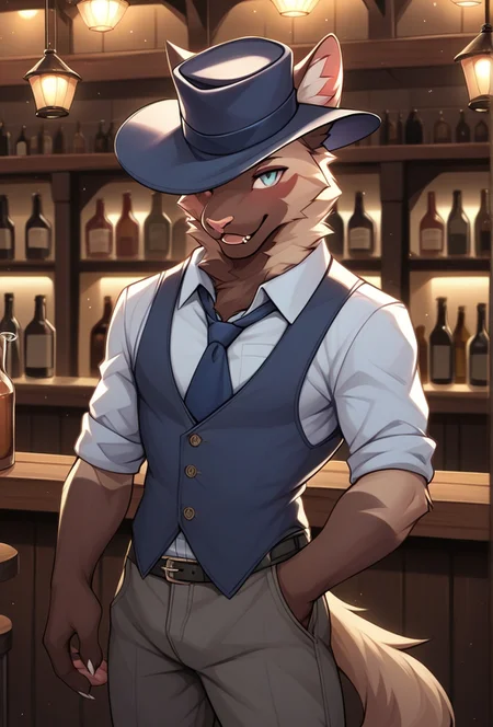 hi res, high intricate details
<lora:Cyrus_Kemo_Coliseum-000001:0.8> cyrus, anthro cat, brown fur, shirt, hat, standing, tavern, zPDXL3, <lora:Pony_QualityV4.0:1.12> zPDXLxxx, zPDXLrl