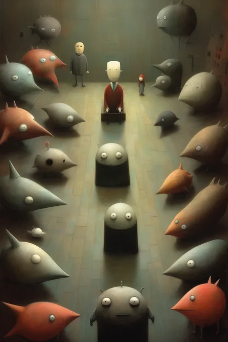 <lora:Shaun Tan Style:1>Shaun Tan Style - Reference Shaun Tan.The environment is very dark, you can hardly see the characters. only their silhouettes. Render from the perspective of a person lying down looking up. Surrounded by 6 characters who look at him. Dreamlike, abstract and metaphysical environment.