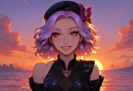score_9, score_8_up, score_7_up, cute, faded bright colours, ultra detailed, dynamic sunlights, dynamic shades, one cute girl, cute Brazilian woman, backyard, black leather jacket, beret, laughing, delighted, slender, light purple hair, curly hair, shiny-red eyes, smile, bare shoulder, black leather jacket, looking at viewer, sunset, beach boardwalk, dynamic pose, high angle shot..
In the dimly lit chamber, the enchantress' eyes sparkled with a tantalizing promise, their depths shimmering like twin stars. Her gaze, intense and mesmerizing, held the power to captivate and ensnare. The soft glow of the firelight played across her delicate features, highlighting the allure of her enigmatic smile. Draped in flowing, ethereal robes that clung to her graceful form, she moved with a fluid elegance that seemed almost otherworldly. Each glance she cast was a silent invitation, filled with the unspoken allure of secrets and desires yet to be revealed. The air around her thrummed with a subtle, magical energy, as if the very atmosphere responded to her presence. Those who met her gaze felt a magnetic pull, drawn into the spellbinding promise of her eyes, unable to look away.