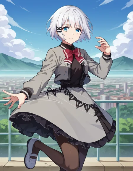 score_9, score_8_up, score_7_up, source_anime,
siesta, <lora:siesta-ponyxl-lora-nochekaiser:1>,
siesta, short hair, bangs, blue eyes, hair ornament, white hair, hairclip, smile,
dress, bow, bowtie, red bow, red bowtie, shirt, long sleeves, jacket, pantyhose, frills, shoes, grey jacket, open clothes, black shirt,
outdoors, cityscape,
looking at viewer, cowboy shot, dynamic pose,