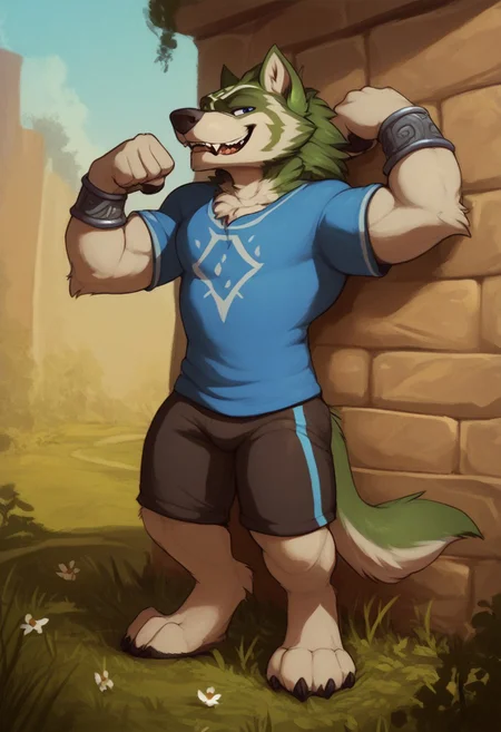 sfw, score_9, score_8_up, score_8, score_7_up, score_7, , , solo, wolf, anthro, anthrofied, link \(wolf form\), 1male, solo, masterpiece, high quality ,male, looking smug, flexing, showing off, outdoors, fluffy fur, fit, muscles, standing, clothed, shirt, shorts,