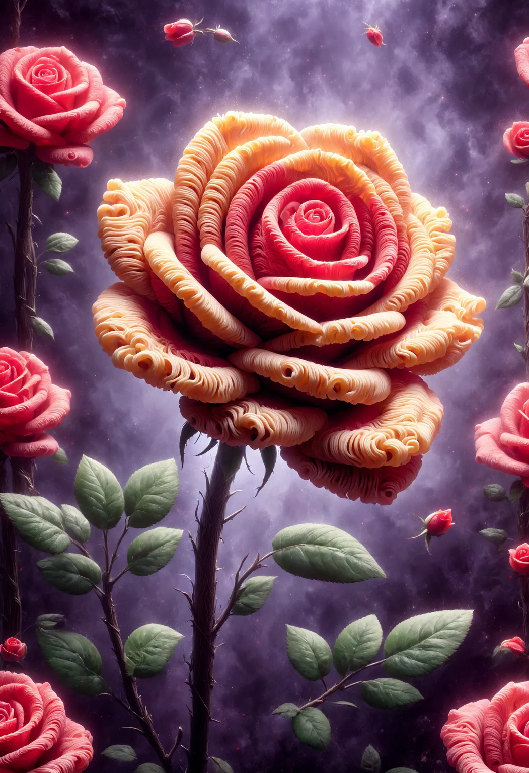 Close up of vibrant macro rose with stunning, vivid colors, masterpiece, hyperdetailed, made out of noodles, <lora:PinkieNdlsSDXL:1>, p1nkn00dles,