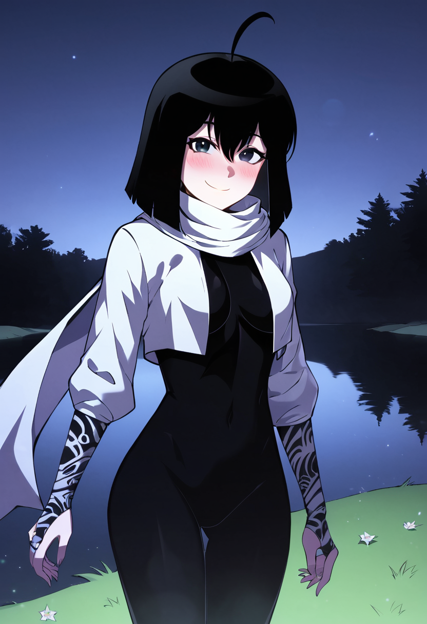 yona_runcandel, black hair, medium hair, black eyes, ahoge, blush, scarf,  yona outfit, Lace Arm Sleeves, cropped jacket, black bodysuit, manhwa, webtoon, medium breasts, syris outfit,  BREAK outdoors, night, lake, field of green luminescent flowers BREAK cowboy shot, looking at viewer, standing,closed mouth, seductive smile, flirty face ,dynamic pose BREAK best quality, masterpiece,score_9, score_8_up, score_7_up, perfect hand, source_anime, rating_explicit,     <lora:Yona_Runcandel:0.8>