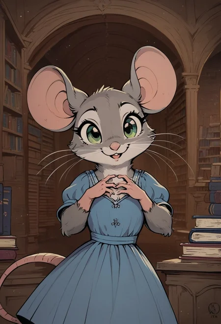 score_9, score_8_up, score_8, solo, (fluffy), feral, (feral), ((indoors)), (((mouse))), female, green eyes, blue-grey fur, grey ears, claws, (fluffy cheeks:0.5), (simple blue dress), in the style of beatrix potter, (cartoon style), flat color, library, (upper body shot), (cute:1.6), solo, (solo:1.5), (expressive:1.5)