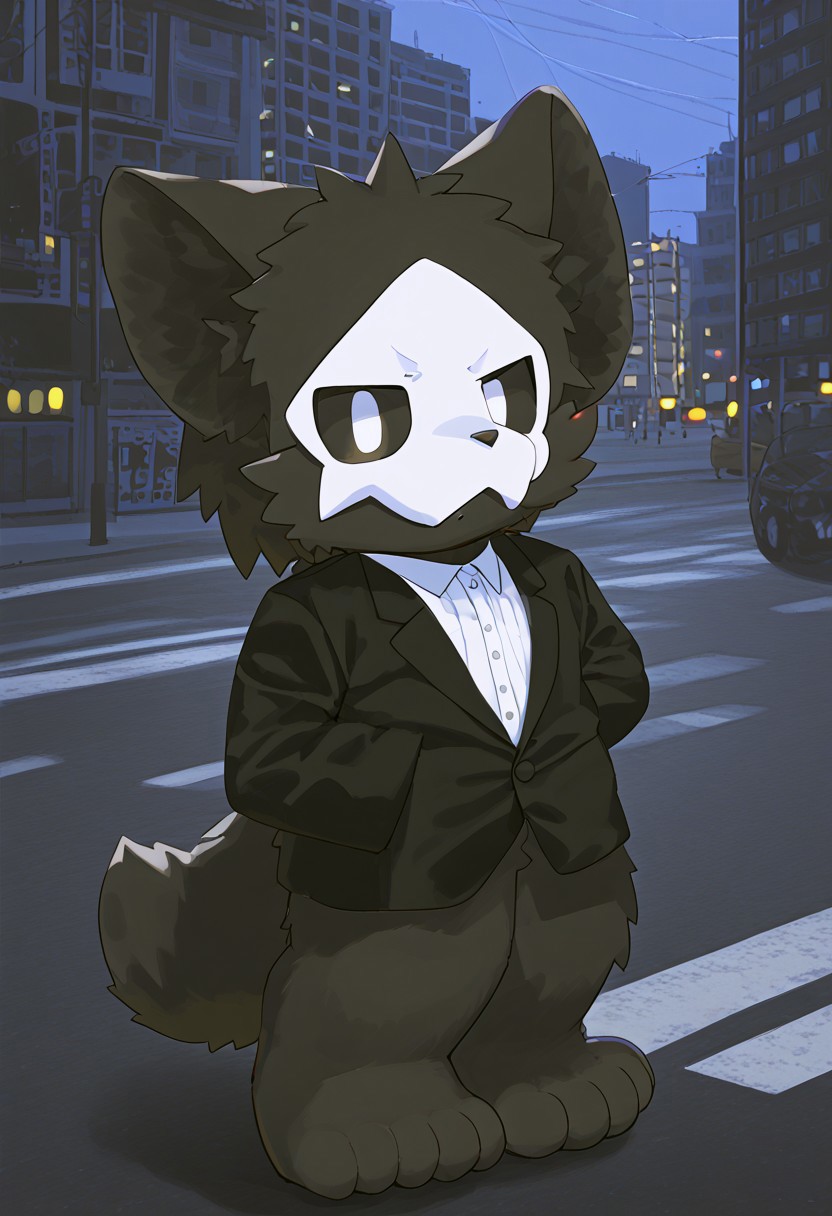 lv1rubili, zPDXL2, furry, anthro, cute, kemono, male focus, score_9, score_8_up, score_7_up, full body, digital art, highly detailed, looking at viewer, standing to viewer, full view, puro, black latex, furry, changed, white eyes, white mask, black fur, 1boy, solo, moody nighttime atmosphere, night city background, (((wear formal attire))), (((standing on clear street with an angry expression on his face)))
