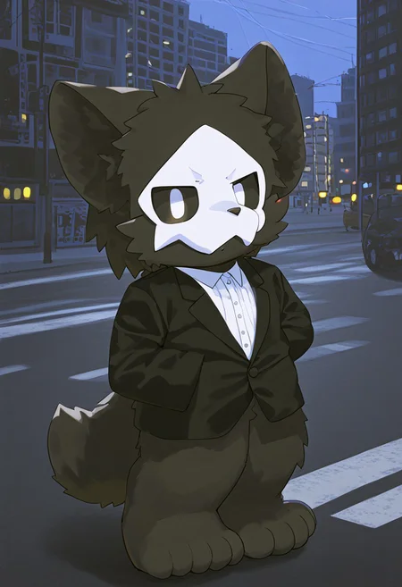 lv1rubili, zPDXL2, furry, anthro, cute, kemono, male focus, score_9, score_8_up, score_7_up, full body, digital art, highly detailed, looking at viewer, standing to viewer, full view, puro, black latex, furry, changed, white eyes, white mask, black fur, 1boy, solo, moody nighttime atmosphere, night city background, (((wear formal attire))), (((standing on clear street with an angry expression on his face)))