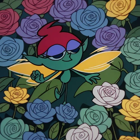 score_9, score_8_up, score_7_up BREAK PixieDLab, 1girl, magenta hair, dark blue eyes, green skin, green body, purple eyeshadow, yellow wings, between flowers, surrounded in flowers, roses everywhere, flowers around,