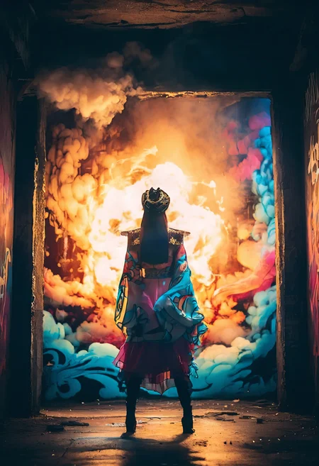 color field style urban graffiti style concept art A Chinese female Opera playing,fire,fog, primary style, radiant light, mysterious mist, vibrant color palette, dynamic composition, dramatic, complex, elegant, highly detailed, extremely detailed, professional focus, beautiful, real, cinematic, strange, great, epic, artistic, exquisite atmosphere, perfect, full, quiet, calm, amazing, creative. digital artwork, illustrative, painterly, matte painting, highly detailed, incredible quality, intricate detail, flowing, heroic, brilliant, awesome, symmetry, focused, intense, majestic, attractive, bright, colorful, best, spectacular, fine, polished, iconic, rich deep colors, ambient background, pristine, magical, outstanding, singular. vibrant, edgy, street art, underground, spray paint effect. flat, large fields of color, minimal, detailed, sharp, clear, crisp, glowing, breathtaking, fresh, excellent, pure, wonderful, emotional, cute, confident, pretty, delicate,, decorative, lovely, spiritual, shiny, magnificent, elaborate, fantastic, fancy, illuminated, peaceful, relaxed, astonishing