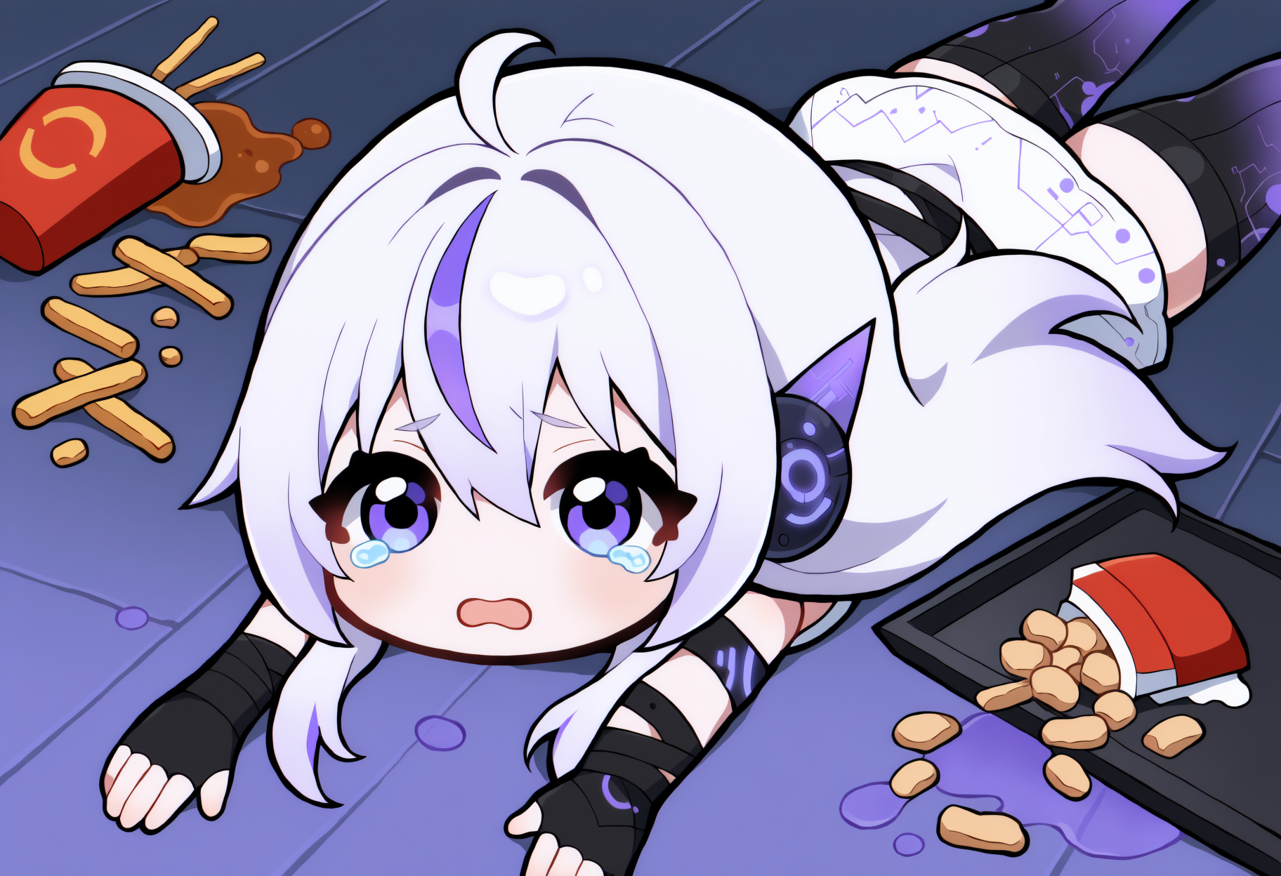 masterpiece, best quality, high quality, apuspills,
1girl, solo, chibi, <lora:MeinaRedesign_illusXLNoobAI_Incrs_v1:1>, hair between eyes, purple eyes, long hair, purple hair, white hair, streaked hair, ahoge, head gear, collarbone, bare shoulders, white dress, sleeveless dress, short dress, armband, fingerless gloves, black gloves, circuit pattern, sci-fi clothes, gradient legwear, black thighhighs,
on stomach, open mouth, lying, on floor, fallen down, tearing up, looking at viewer, looking up, tray, french fries, spill,<lora:apu_spills_his_tendies_meme-10-NOOB-EPS:0.9>