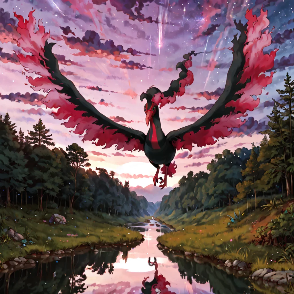 score_9, score_8_up, score_7_up, BREAK, pokemon (creature), galarian_moltres, bird, avian, blue eyes, flying over a memorial in the swamp and a river, sunrise, dark sky, stars, shooting star, cinematic, dynamic angle, realistic,sharp focus, photorealistic surrealist, fine details, ultra realistic, very detailed, 4k HDR highly detailed reflections, <lora:POKEMON_GALARIAN_MOLTRES:1>