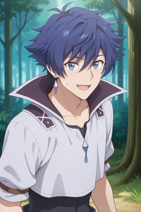 masterpiece, best quality, amazing quality,high resolution, intricate details,official style,depth of field,anime screencap, , , 1boy, solo, male focus, <lora:Allen_Westfelt:0.88>,allen westfelt,blue hair,blue eyes,spiky hair,short hair,mole,jewelry,looking at viewer, smile, open mouth,upper body, :D, outdoors, earrings, sweatdrop, tree, mole under eye, nature, forest,collarbone,jump suit,cropped shirt,white shirt,short sleeves,from side