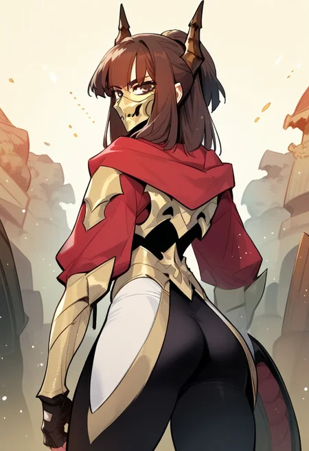 zPDXL3, score_9_up, score_8_up, score_7_up, (Anime_source), 1girl, JisuYun, brown eyes, brown hair, long hair, Full embodiment armor, armor horns, armor mask, (looking back), cowboy shot, looking at viewer, particles