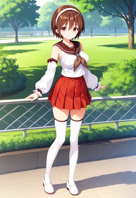 1girl, solo, standing, cowboy shot, park, full body, <lora:KC_02LC_natori_pony:1> natorikc, brown hair, short hair, white hairband, bangs, hair between eyes, brown eyes, red eyes, tareme, medium breasts, natoridefkc, brown_sailor_collar, white serafuku, bare shoulders, brown neckerchief, detached sleeves, red skirt, miniskirt, pleated skirt, white thighhighs, white shoes,, score_9,score_8_up, score_7_up, source_anime, masterpiece, best quality, official art, official style, game cg, megami magazine, rating_safe, rating_questionable, <lora:Fixhands_anime_bdsqlsz_V1:0.75>, NEGATIVE_HANDS