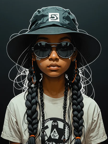 silkscreen print,double exposure shilloutte two colors collage ,hip-hop style,oversized black bucket hat ,oversized goggles, long hair is tied into two braids , sienna solid background,symmetrical representation,wide angle,simple,intricate,artstation,Jamie Hewlett,Anthony Burrill<lora:add-detail-xl:1>
