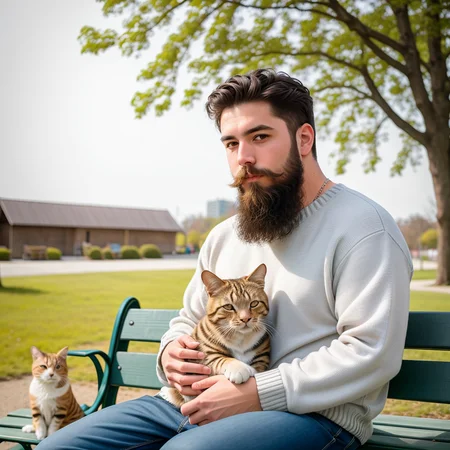 RAW photo, absurdres, high quality, photorealistic,
1boy, beard, sweater, sitting, holding a cat, outdoors, park, bench, sunlight,
8k uhd, dslr, film grain, Fujifilm XT3, 20 megapixel, detailed, sharp focus,