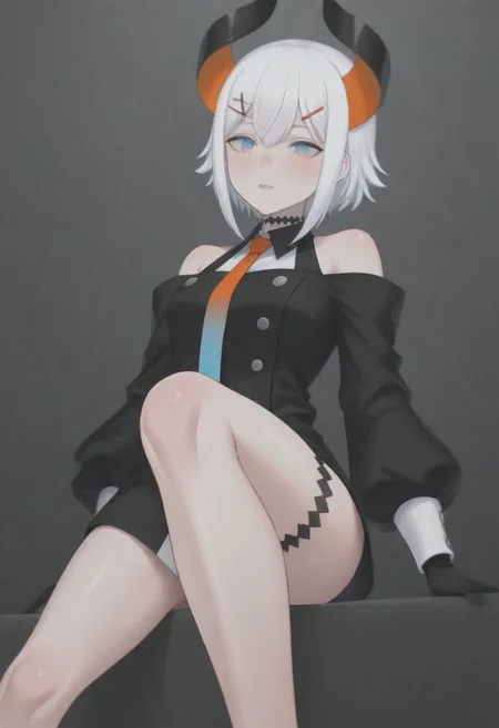 masterpiece, best quality, amazing quality,,, shiny skin,,,,,,,,nijilevi,,blue eyes,white hair,horn,pail skin,short hair,hairclip,nijilevicos,collared shirt,bare shoulder,gradient necktie,puffy long sleeves,white cuffs,black gloves,single thigh strap,