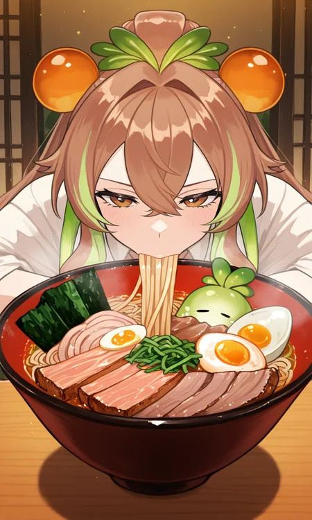 masterpiece,best quality,absurdres,very aesthetic,very awa,highres,newest,year 2024,year 2023,<lora:xmc_v0.3_noobai_cwhj_946906:0.8>,<lora:illustrious_best_quality_v1_1021798:0.8>,<lora:add-detail-xl:0.9>,<lora:Periru_Vtuber_1503428:0.7>,PeriruILXL,virtual youtuber,multicolored hair,brown hair,green hair,hair ornament,food-themed hair ornament,brown eyes,hair between eyes,very long hair,
Image is a high resolution,anime style,close up artwork featuring a beautiful woman aggressively slurping up noodles like a vacuum. On the table is a large bowl of ramen with a soft boiled egg,green onions,red ginger,and slices of pork. Image has a cute style,