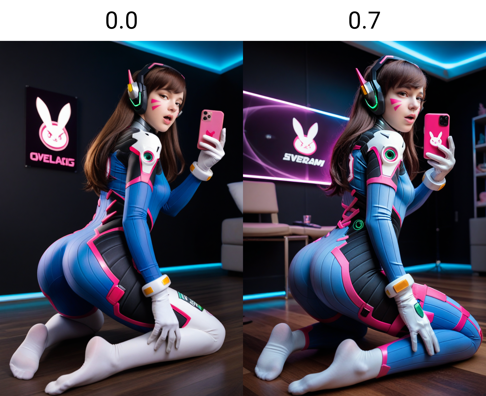 score_9, score_8_up, score_7_up, score_6_up, score_5_up, score_4_up, realistic
1girl, solo, d.va \(overwatch\), brown hair, long hair, bodysuit, gloves, white gloves, ass, facial mark, whisker markings, lpilot suit, glass ceiling, facepaint, sitting, kneeling, ribbed bodysuit, shoulder pads, animal print, open mouth, headphones, from behind, full body, neon trails, bunny print, selfie, clothes writing, breasts, armor, bangs, no shoes, long sleeves, thighhighs, swept bangs, skin tight, bracer, seiza, feet, holding phone <lora:cfg_scale_boost:0.0>