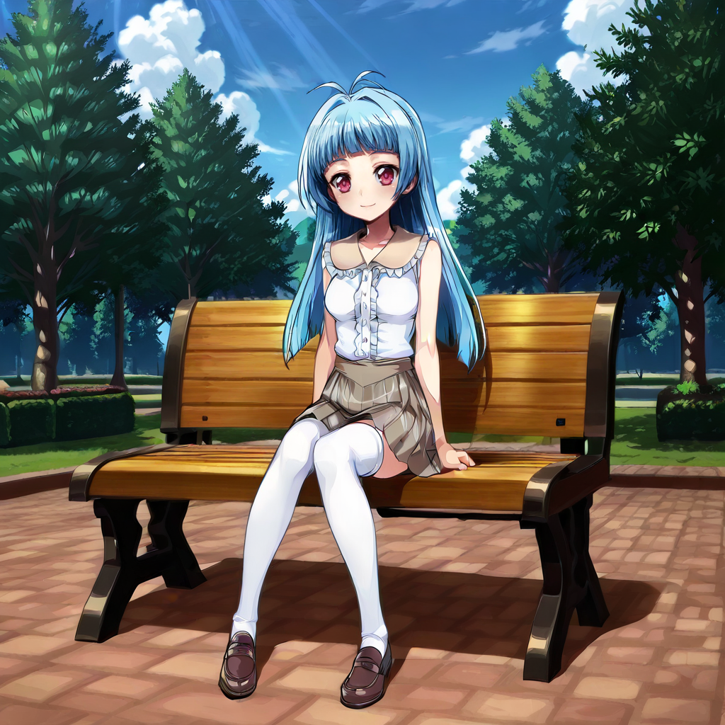 HDA_MasterpieceXL_v1.2, outdoors, park, sitting on bench, daylight, trees, blue sky, <lora:Emille_Honjou_-_é­æ³å°å¥³ãããª_Mahou_Shoujo_Elena:1> RegularEmille, 1girl, solo, petite body, medium breasts, blue hair, long hair, red eyes, sleeveless, skirt, thighhighs, loafers, warm smile,  <lora:HDA_Detailer_v1.2_r1:1>