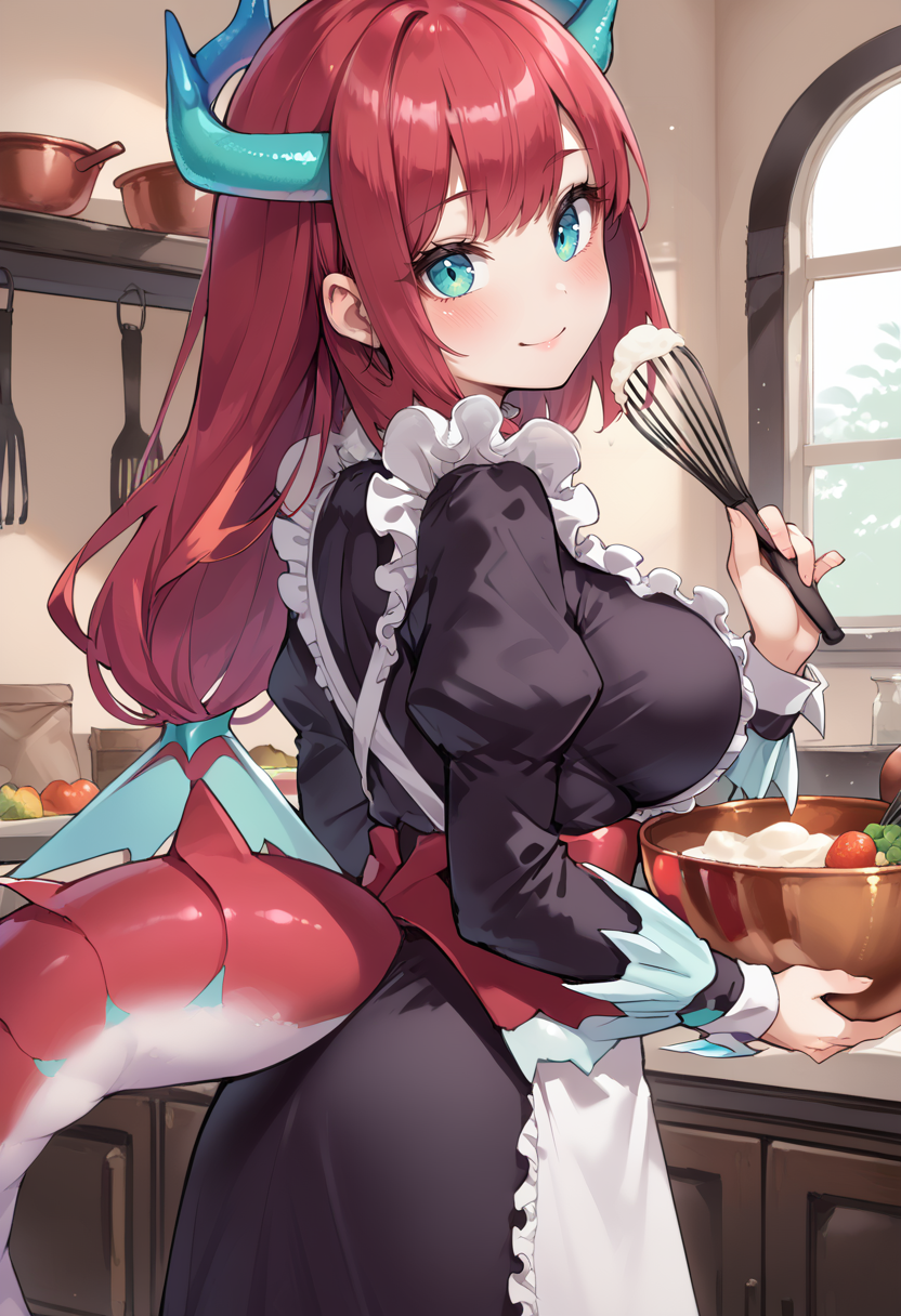 (score_9:0.9),score_8_up,score_7_up,rating_safe,anime style,(zPDXL),<lora:Kitchen Dragonmaid ponyXL v1:0.73>,kitchen dragonmaid,1girl,solo,large breasts,smile,whisk,looking back,kitchen,indoors,food,maid clothes,blush,bowl,holding bowl,holding whisk,from behind,
