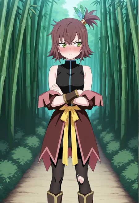 anime screencap, anime coloring, 1girl, hort hair, brown hair, side ponytail, feather hair ornament, green eyes, sleeveless, vest, off shoulder, sash, pantyhose, torn pantyhose, wristband, boots, standing, outdoors, bamboo forest, upper body, tsundere, blush, crossed arms, looking to the side, <lora:Nan_tof_Vesperia_r1:1> looking at viewer,, masterpiece, best quality, amazing quality, very aesthetic, absurdres, highres, newest