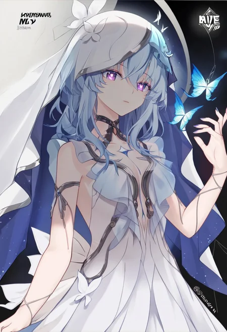 the_shorekeeper, blue_butterfly, blue_hair, blue_nails, iamond-shaped_pupils, diamond_(shape), dress, hair_between_eyes, logo long_hair, purple_eyes, purple_pupils, sidelocks, solo symbol-shaped_pupils, white_dress, white_veil,