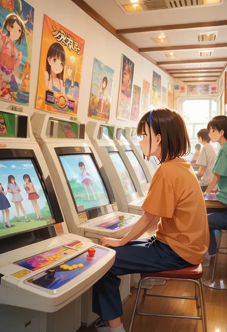 score_9, score_8_up, score_7_up, rating_safe, masterpiece, best quality, absurdres, unity 8k wallpaper, official art, official style, source_anime, uncensored, game cg, megami magazine,
game_center, scenery, japan, arcade cabinet, poster (object), indoors, multiple girls, sitting
<lora:gamecenter_pony_V1:1>