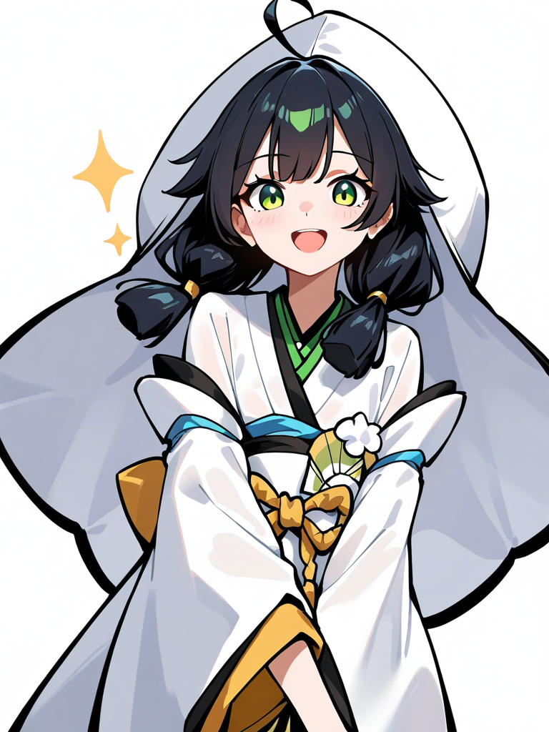 1girl,ahoge,looking at viewer,open mouth,rihefang,smile,(solo:1.2),white background,,simple background,cowboy shot,black hair,green eyes,uchikake,<lora:rihefang-000018:0.8>, masterpiece, best quality, very aesthetic, absurdres