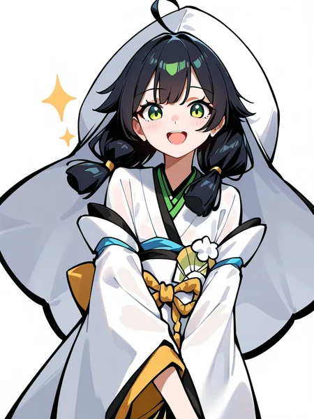 1girl,ahoge,looking at viewer,open mouth,rihefang,smile,(solo:1.2),white background,,simple background,cowboy shot,black hair,green eyes,uchikake,<lora:rihefang-000018:0.8>, masterpiece, best quality, very aesthetic, absurdres