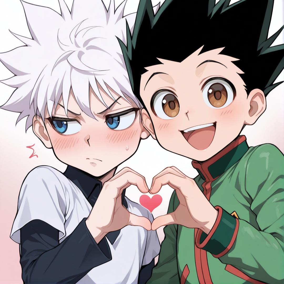 masterpiece, best quality, amazing quality, (2boys:2.0), gradient background, upper body, heart hands duo, 
BREAK,  <lora:IlluKillua:1> illukillua, white hair, blue eyes, short over long sleeves, shy, annoyed, looking to the side, 
BREAK,  <lora:IlluGon:1> illugon, black hair, green hair, spiked hair, brown eyes, green jacket, smile, open mouth, looking at viewer,