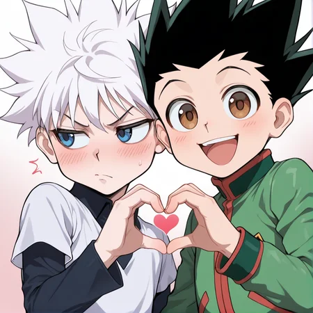 masterpiece, best quality, amazing quality, (2boys:2.0), gradient background, upper body, heart hands duo, 
BREAK,  <lora:IlluKillua:1> illukillua, white hair, blue eyes, short over long sleeves, shy, annoyed, looking to the side, 
BREAK,  <lora:IlluGon:1> illugon, black hair, green hair, spiked hair, brown eyes, green jacket, smile, open mouth, looking at viewer,