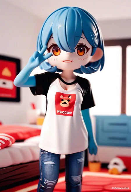 ZPDXL3, score_9, score_8_up, score_7_up, score_6_up, score_5_up, score_4_up,
1girl, small breasts, solo,
bedroom, jeans, t-shirt,
cleavage, (blue hair:1.2), v neck, red chest spike,
acvillager, chibi, pkshigar,