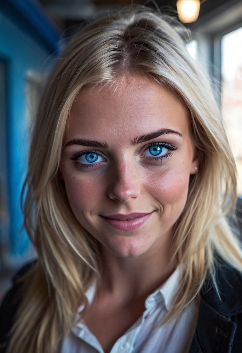 1girl, solo, looking_at_viewer, blonde hair, blue eyes, mysterious smile, urban setting, indoors