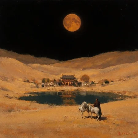 oilpainting,Night view of vast sand dunes,a spherical orange moon in the sky,a calm lake in the middle of the dunes,the moon reflected in the lake,a group of traditional Chinese palaces with lights on by the lake,a tiny abstract ancient man in a robe riding a white horse standing on the sand dunes,black background,illustration style and minimalist art style used in graphic design,poster design in Eiko Ojala style and Bauhaus style,3D rendered art image,detailed texture surreal image,high quality,high detail,8K HD resolution,
