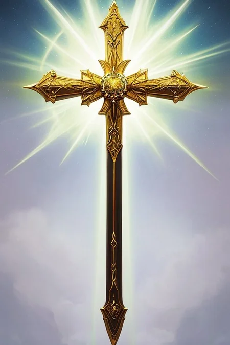 MagicItem_v1, fantasy, cross, cross-shaped scepter, masterpiece, high detailed, elegant, majestic, detailed, pretty, beauty, perfect, sleek, world morph, front facing position, perfect morph, divine, heavenly, excessive energy, holy