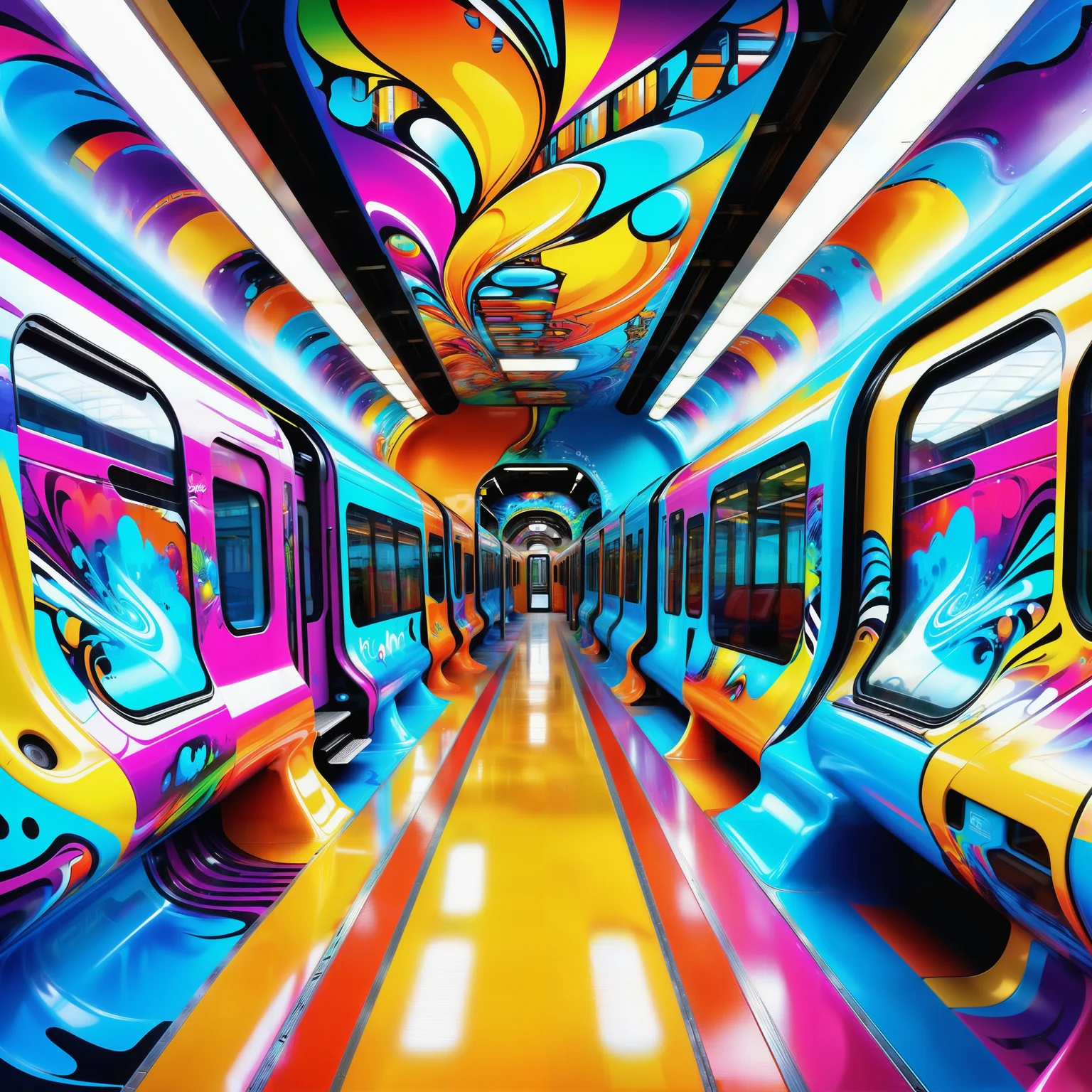 Jed-CyFut, masterpiece, full of details, positive emotional, Jed-Gr4ff1t1,wallpaper enginge, <lora:GraffitiStyle-000003:0.7>, <lora:CyberFuturisticStyle:0.7>, from inside a Train station, Arts and Crafts movement, experimental storytelling, idealic, symbolic landscapes, bold text overlays, land art, epic, bold colors, highly color focused, deep rich colors, detailed, unique, very coherent, complex artistic color composition