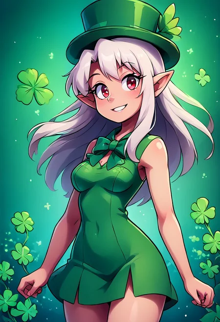 score_9, score_8_up, score_8, medium breasts, (curvy), cute, eyelashes, ShamrockWorld, clover, four-leaf clover, light particles, green top hat, solo, smile, hat, bow, pointy ears, striped, bowtie, green eyes, formal, top hat, green headwear,
BREAK,
zzIllya, red eyes, white hair,
BREAK,
solo, smiling, looking at viewer, cowboy shot,
zPDXL, OverallDetail