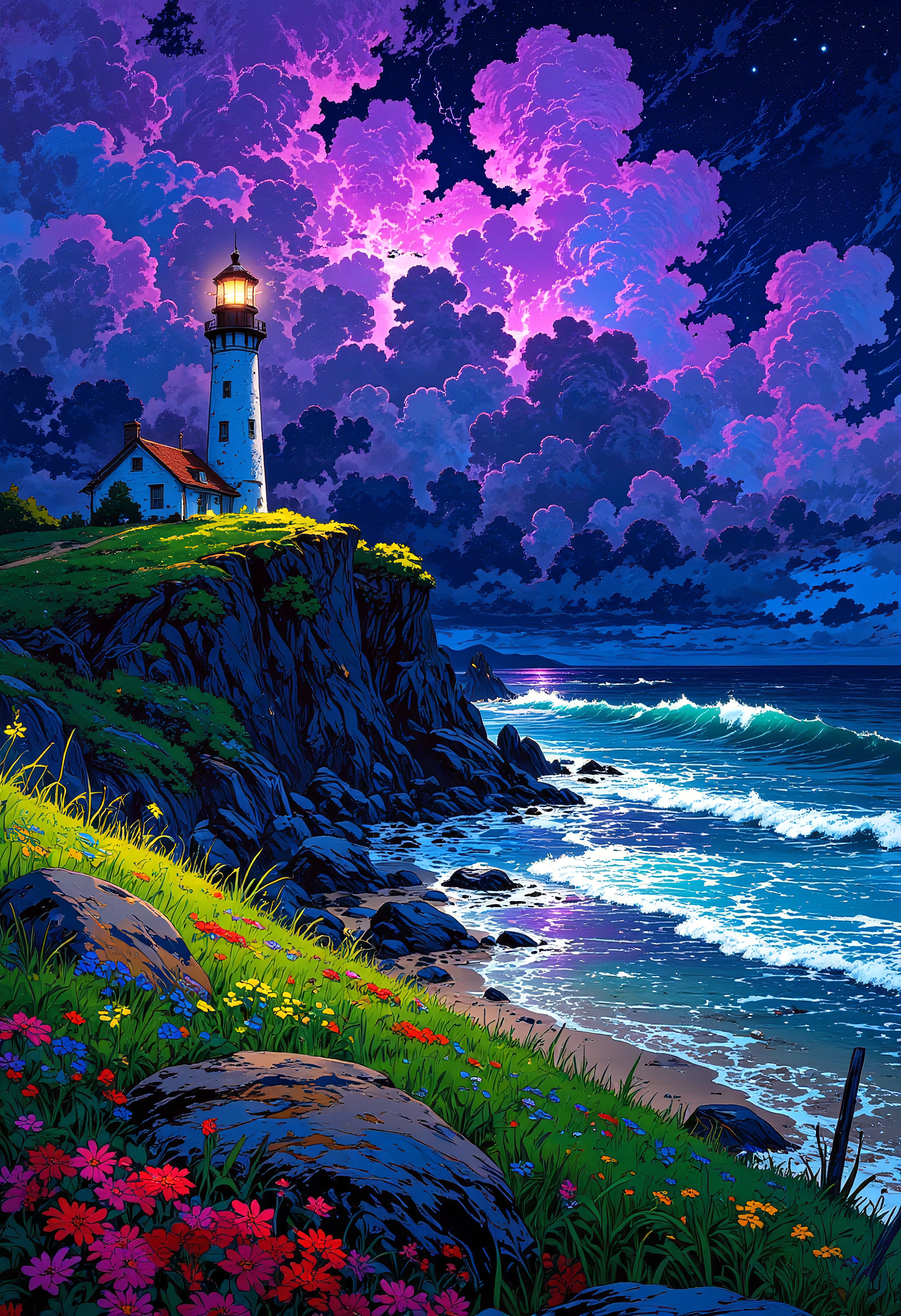 A breathtaking view of of a Lighthouse up close on a cliff near the ocean as dark storm clouds roll in. lightning illuminates the roaring waves. The ocean reflects eerie purple and blue hues from the stormy sky. Colorful flower on the lush grass illuminated by the lightning.