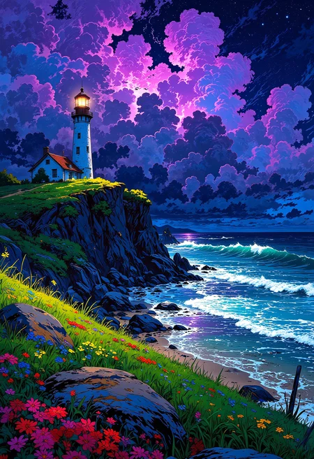 A breathtaking view of of a Lighthouse up close on a cliff near the ocean as dark storm clouds roll in. lightning illuminates the roaring waves. The ocean reflects eerie purple and blue hues from the stormy sky. Colorful flower on the lush grass illuminated by the lightning.