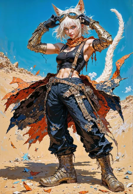 an anthropomorphic female character with feline attributes. The character has short, white hair and cat ears, wearing goggles on top of the head. The skin is fair, and the eyes are blue. The character is smiling and has a playful expression, with both hands forming a frame in front of the face. The attire includes a black, sleeveless crop top and dark blue pants with suspenders, tucked into knee-high boots. A long, striped tail extends from the back. The background depicts a sandy, open area with a clear blue sky and some clouds, suggesting an outdoor setting. The overall style is vibrant and dynamic, with a focus on the character's confident pose and expressive features. oil-painting, romanticism, painting, elegance, opulence, beautiful, painterly, detailed, textural, artistic, aesthetic, intricate details, highly detailed, vivid, vibrant, mythp0rt, DB4RZ, DB4RZ style painting