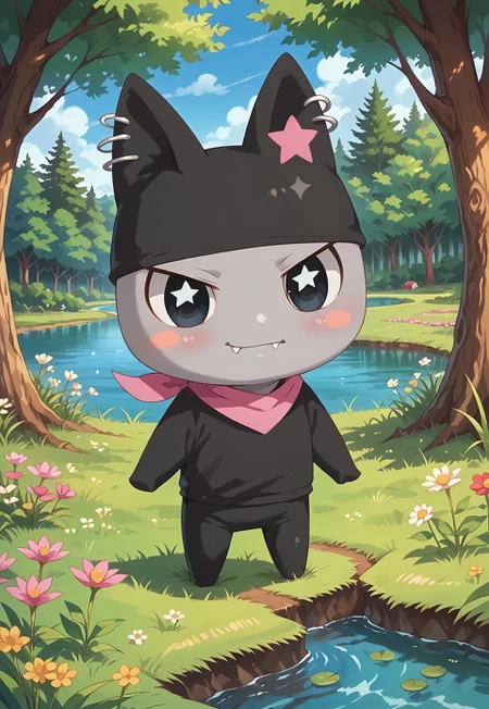 safe_pos, score_9_up, score_8_up, score_7_up, score_6_up, (detailed art style, shiny skin, detailed eyes) (chibi) 1boy, Kuromametchi, grey skin, black cat ears, pink star ear marking, big eyes, black eyes, blush, blush stickers, cute little fang, ear piercings, black bodysuit, pink bandana, (detailed scenery, detailed background : 1.1), outside, afternoon, verdant park, marsh, (verdant greenery, trees, lush bushes, grass, grassy lawn, wildflowers, water, lake)