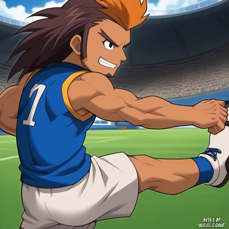 Score_9, cartoon source, toon source, high Quality, wolfconf, 1boy, solo, HIJIKATA RAIDEN, Brown hair, black eyes, young, muscle body, two-tone hair, dark skin, soccer uniform (white shorts, blue sleeveless shirt), tight-fitting clothing, goatee, soccer camp,