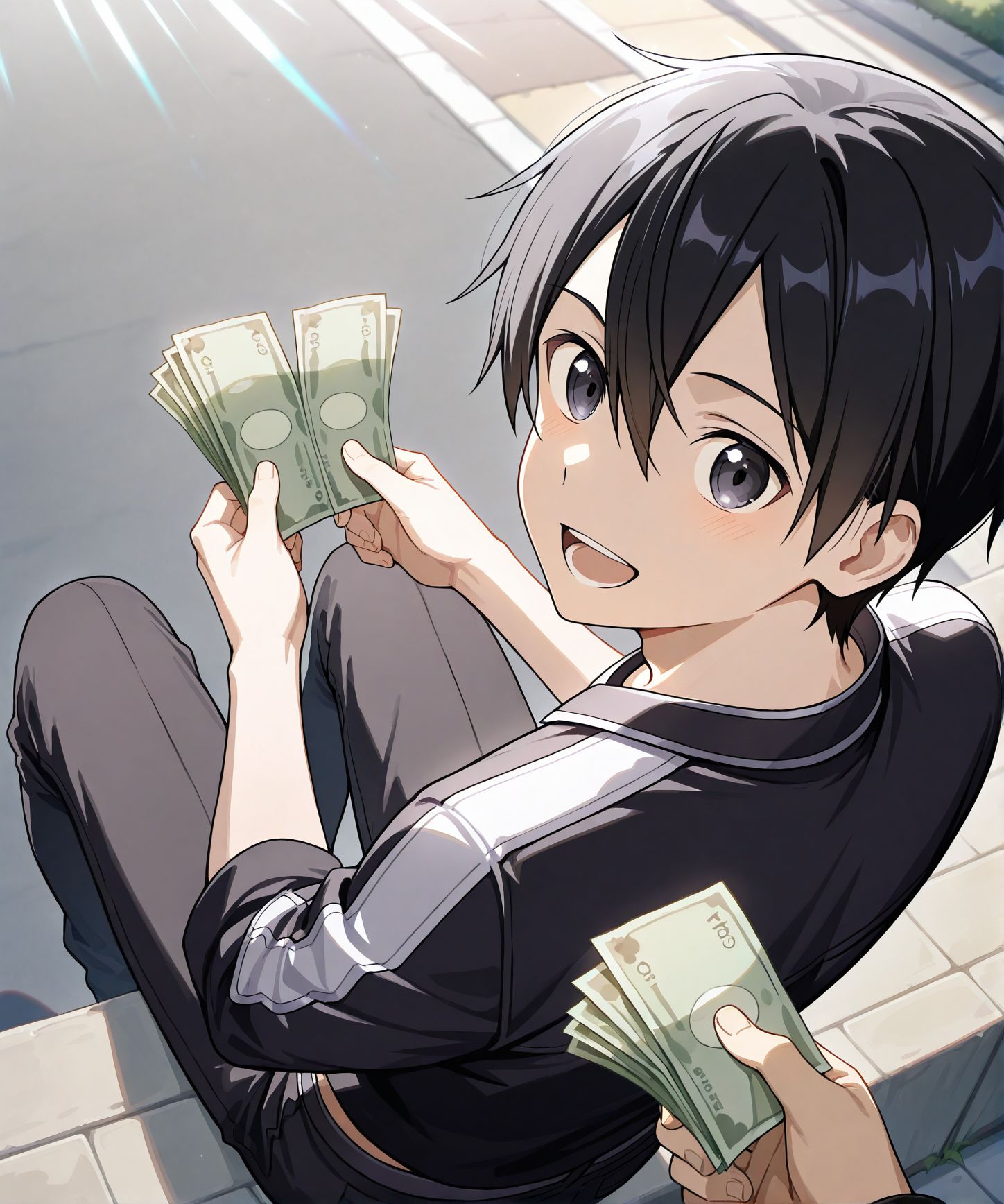 masterpiece,best quality,anime coloring,anime screenshot,
<lora:add-detail-xl:0.5>
<lora:sugar_dating:0.5>sugar_datingV1,
sitting, holding money,from above, from behind,open mouth, happy, 
pov hand  holding money, giving money,outdoors, day,sunlight, street, 
kirito, pants, male focus,